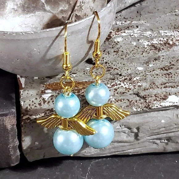 Sustainable Christmas Holiday Angels Gold Plated Light Blue Glass Pearl Earrings - Picture 2 of 9
